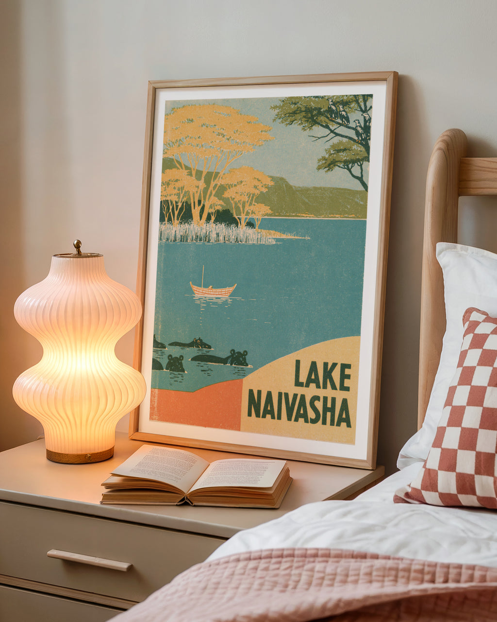 Retro Lake Naivasha Kenya Poster, Vintage Travel Wall Art, Hippo Safari Print, African Landscape