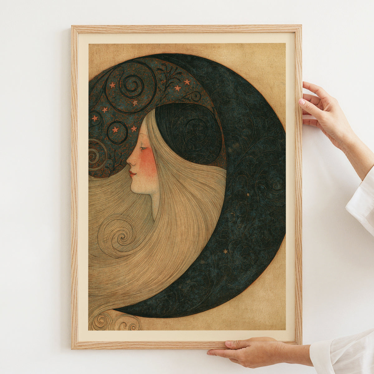 Crescent Moon Woman Art Nouveau Print, Celestial Wall Art, Vintage Moon Goddess Poster, Stars