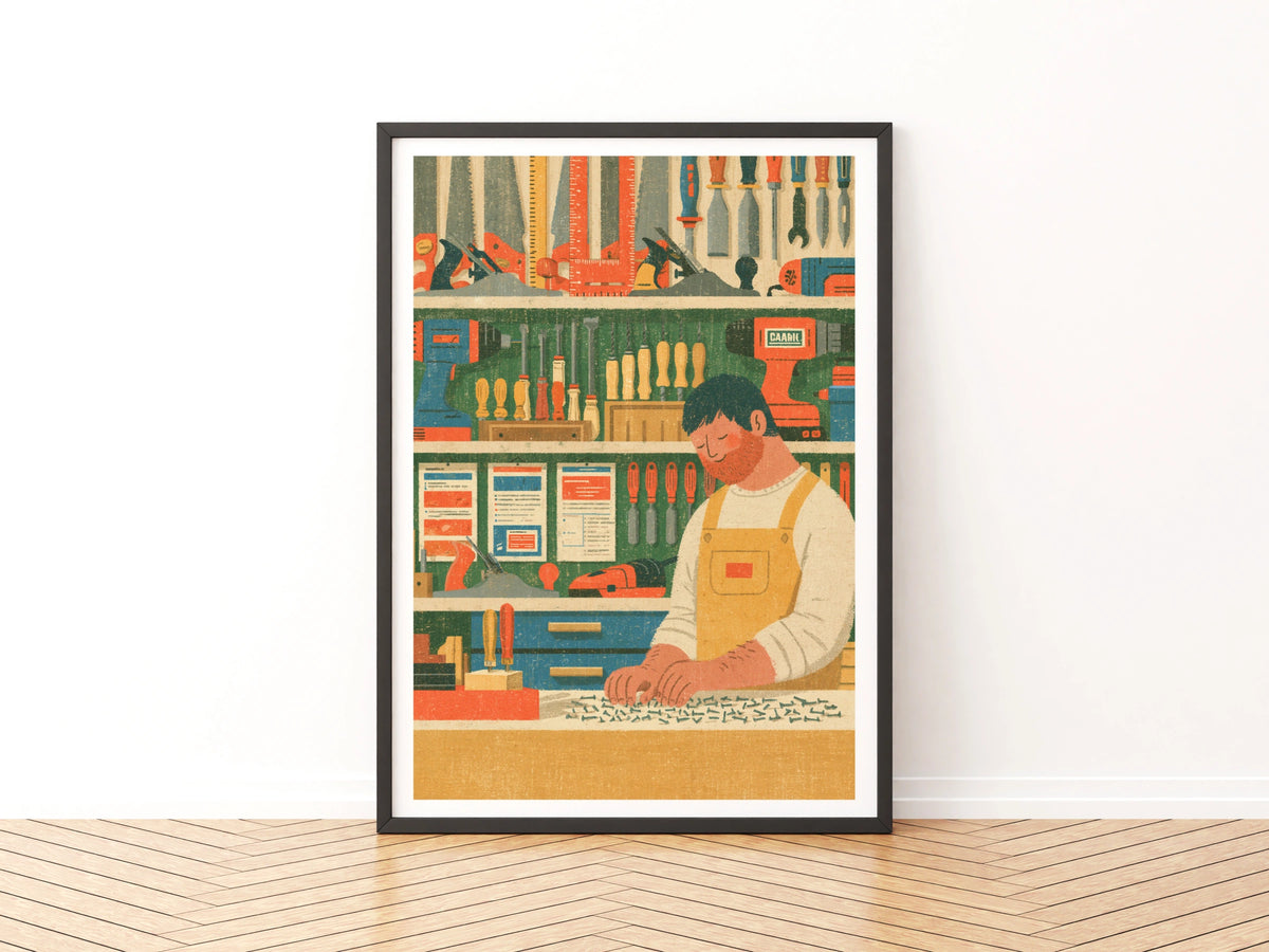 Retro Woodworker Workshop Poster, Craftsman Tools Wall Art Print, Vintage Workshop Decor