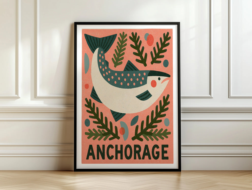 Anchorage Alaska Retro Travel Poster, Salmon Fish Print, Vintage National Park Wall Art