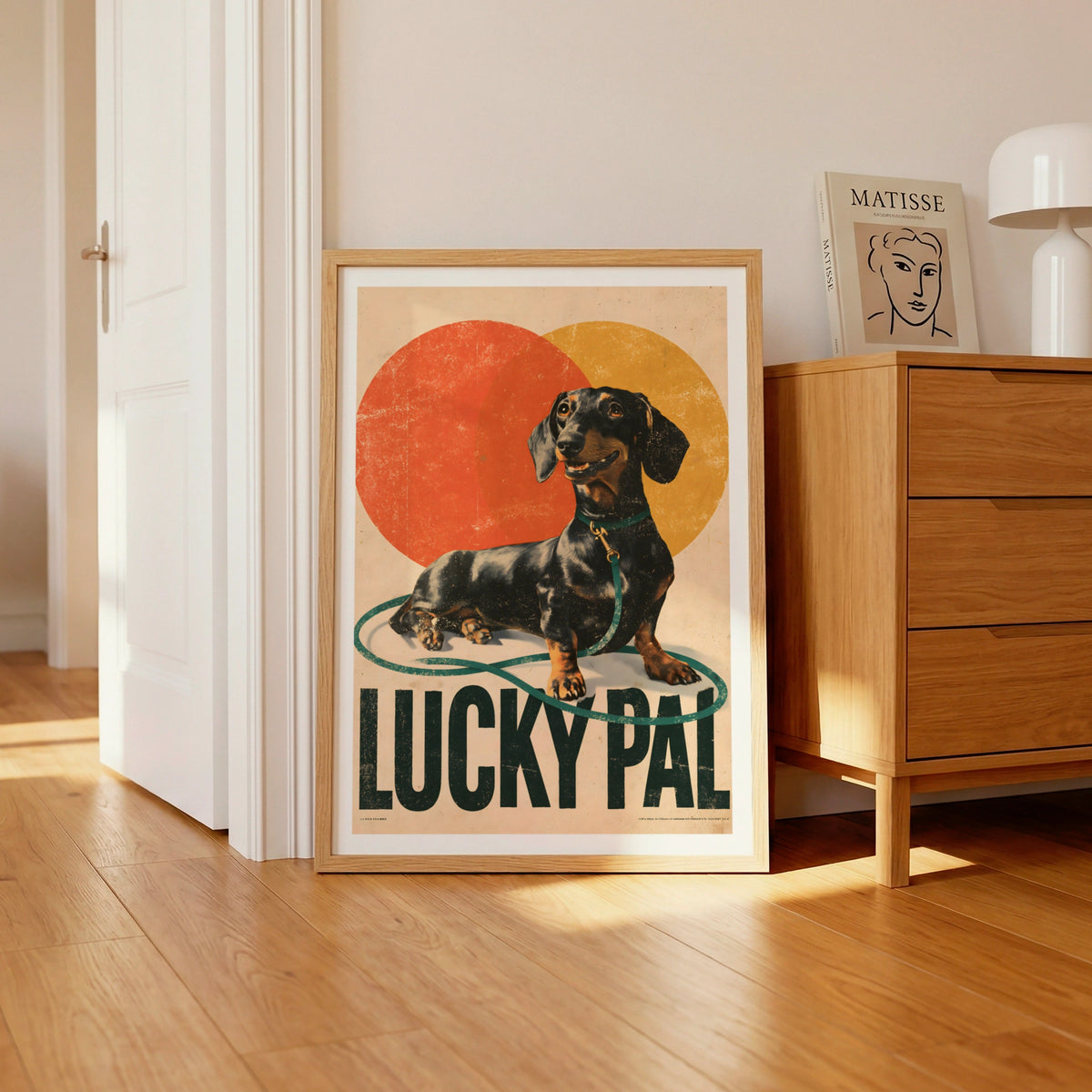 Retro Dachshund Poster, Lucky Pal Sausage Dog Print, Vintage Folk Wall Art