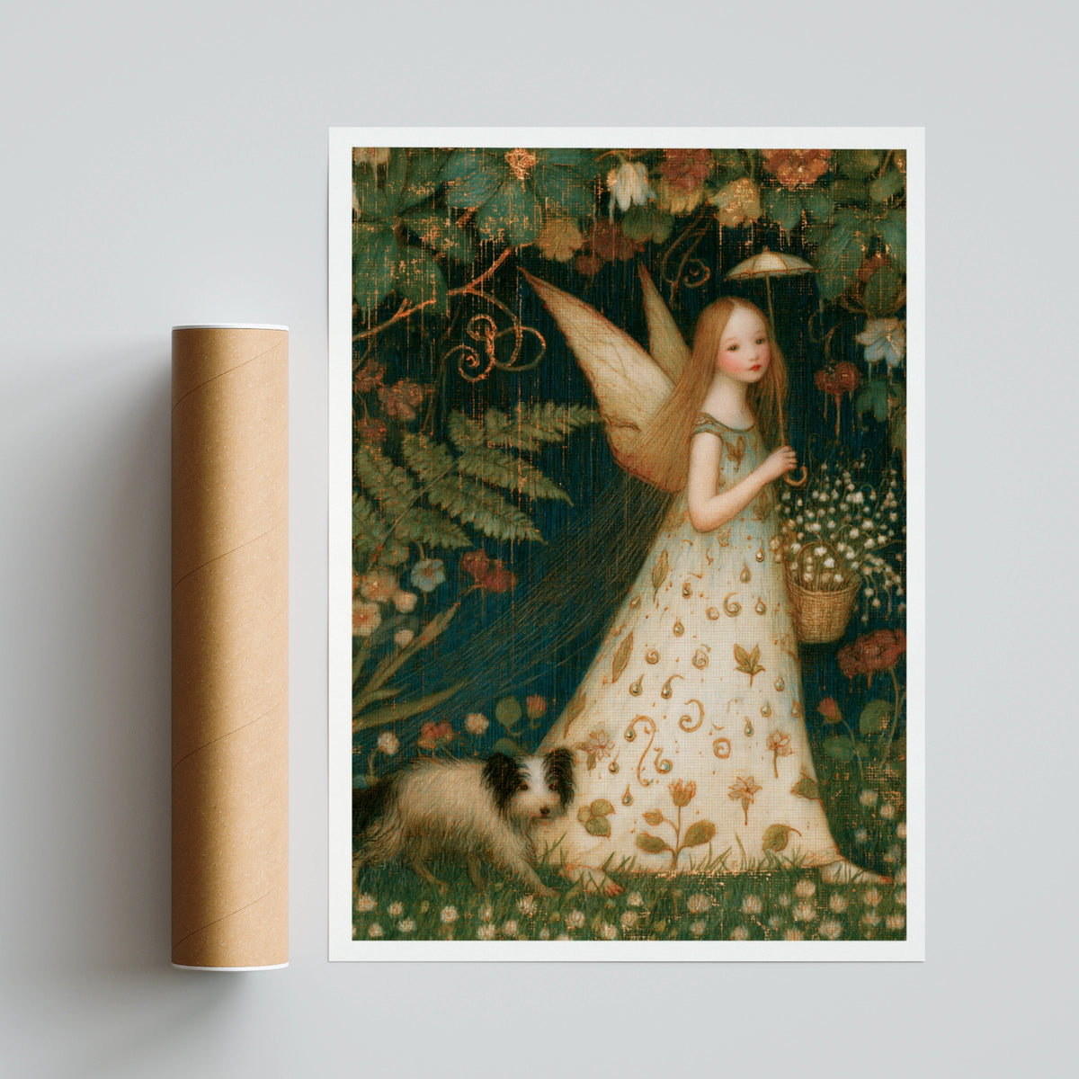 Fairy Girl Garden Print, Classic Folk Art Poster, Floral Fantasy Wall Art, Vintage Illustrated