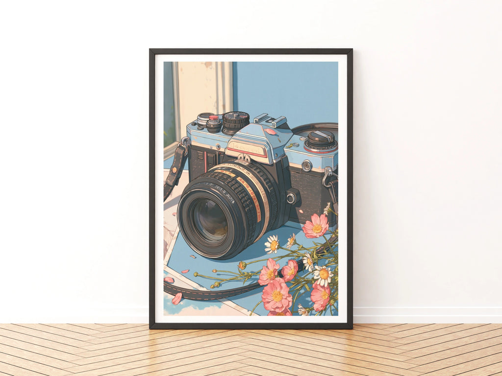 Retro Film Camera Poster, Vintage SLR Print, Pink Flowers Wall Art, Blue Aesthetic