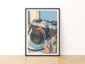 Retro Film Camera Poster, Vintage SLR Print, Pink Flowers Wall Art, Blue Aesthetic