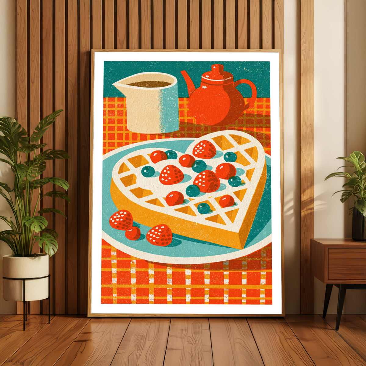 Vintage Food Poster Print, Heart Waffle Retro Mid Century Risograph, Rustic Kitchen Decor Art