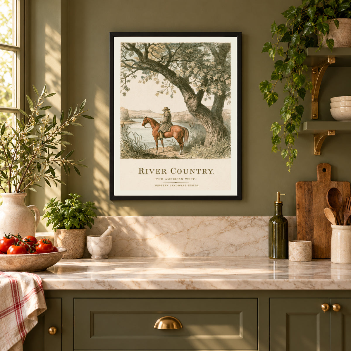 River Country Western Landscape Print, Vintage Cowboy on Horseback, Oak Tree Nature Wall Art, Poster