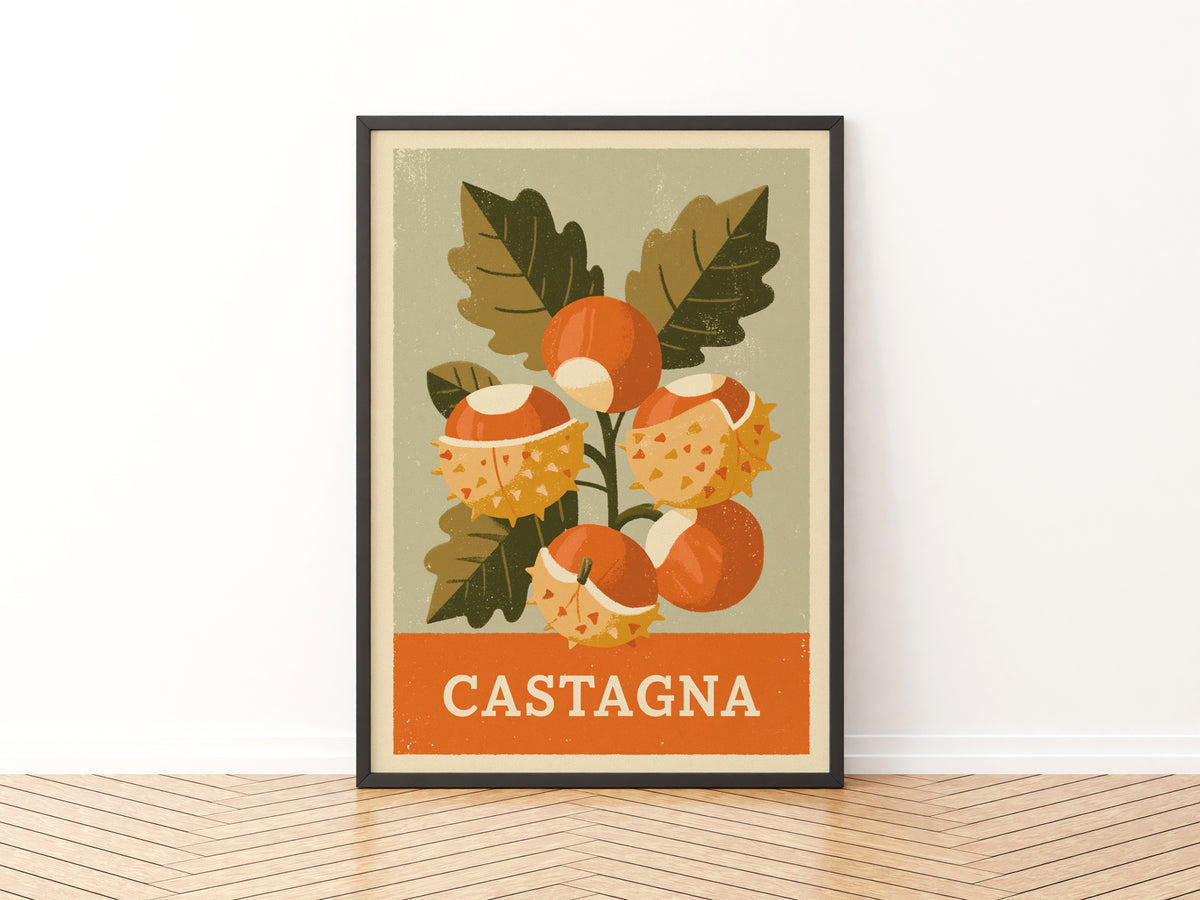 Retro Castagna Chestnut Print, Vintage Food Poster, Kitchen Wall Art, Italian Autumn Botanical Decor