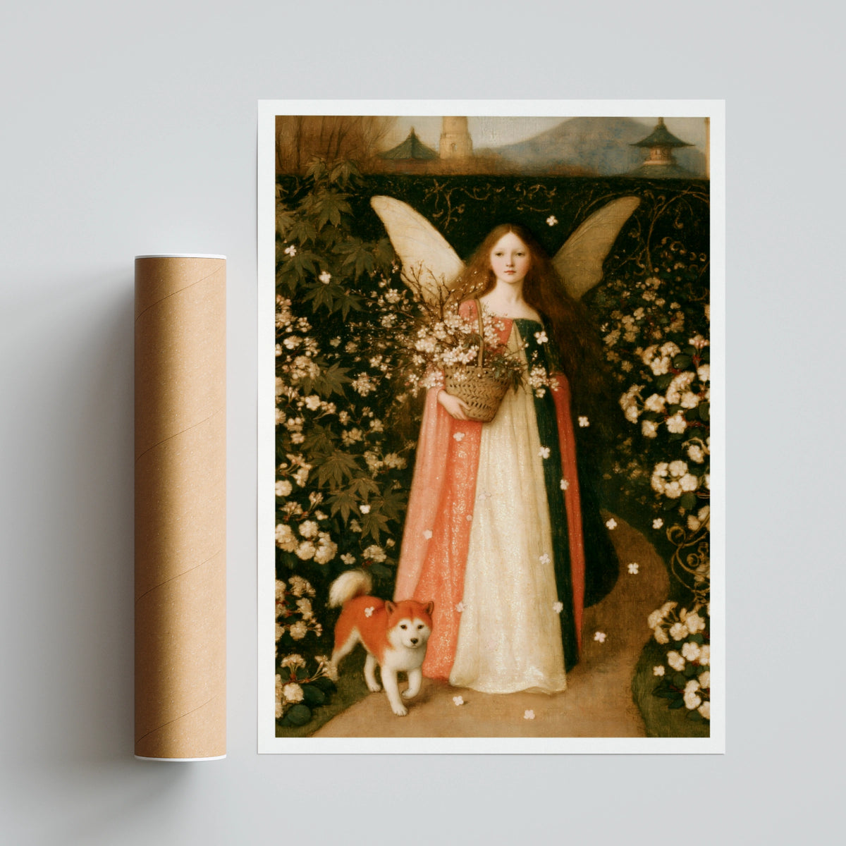 Fairy Girl with Shiba Inu Art Print, Cherry Blossom Angel Poster, Classic Inspired Floral Wall Art