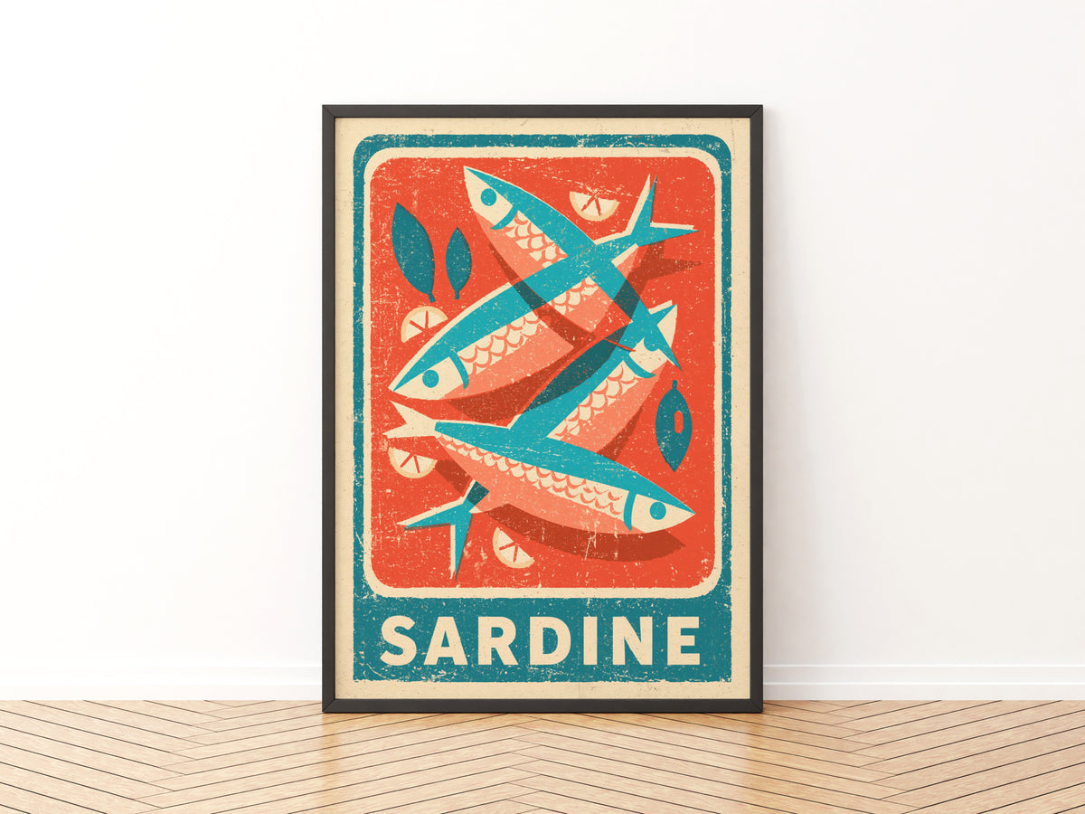 Sardine Vintage Food Poster Print | Rustic Kitchen Decor, Retro Fish Wall Art, Seafood Dining Room