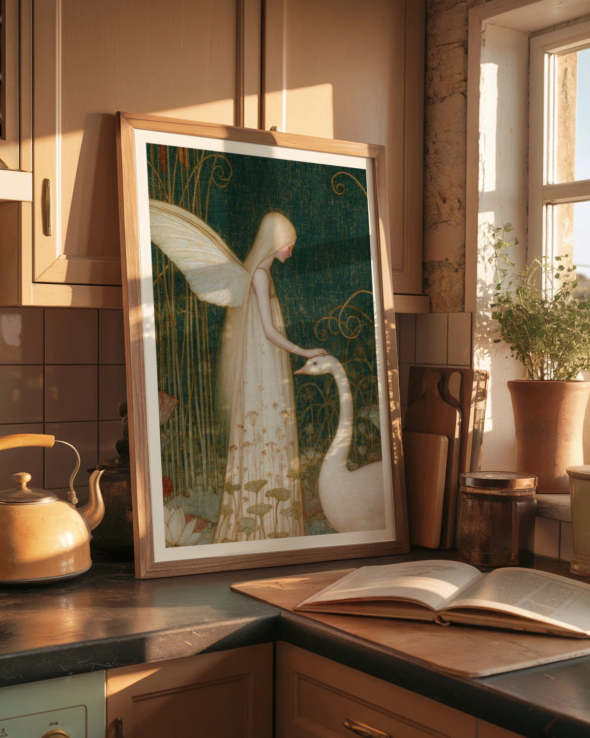 Fairy and Swan Print, Classic Folk Art Poster, Ethereal Fantasy Wall Art, Teal Gold Whimsical