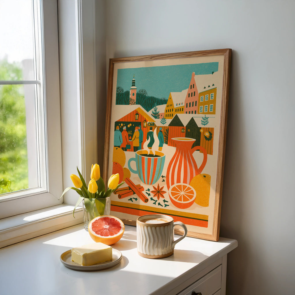 Vintage Food Poster Print, Mulled Wine Christmas Market, Rustic Kitchen Decor, Retro Mid Century