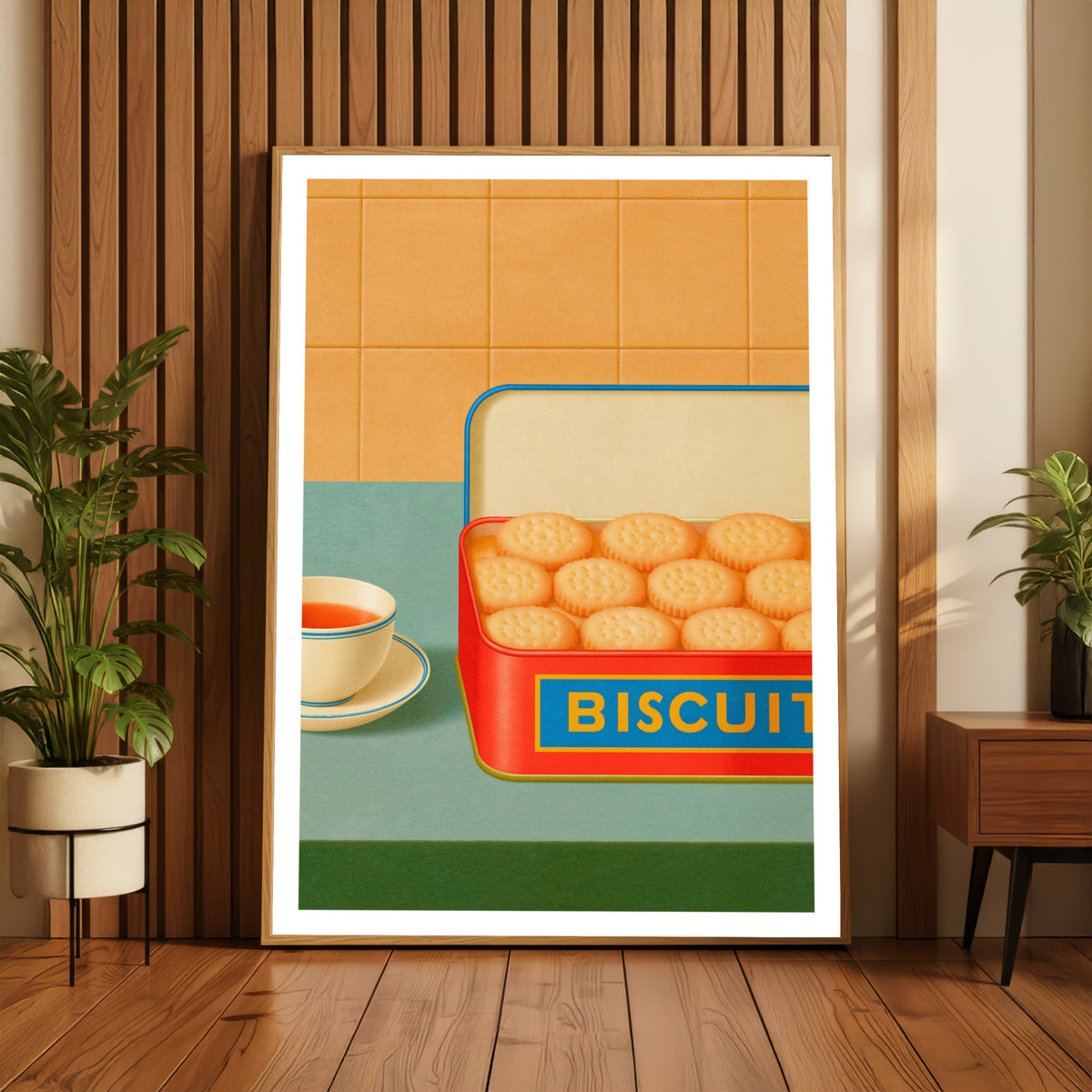 Vintage Food Poster Print, Biscuit Tin Tea Cup, Rustic Kitchen Decor, Retro Mid Century Risograph