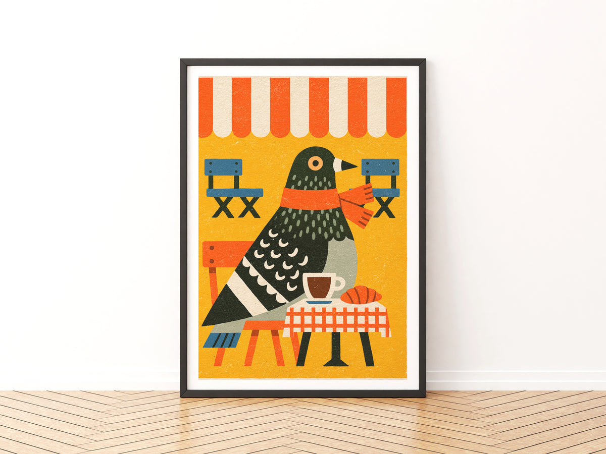 Vintage Pigeon Cafe Poster, Retro Bird Coffee Print, Funny Animal Wall Art, Bold Colourful