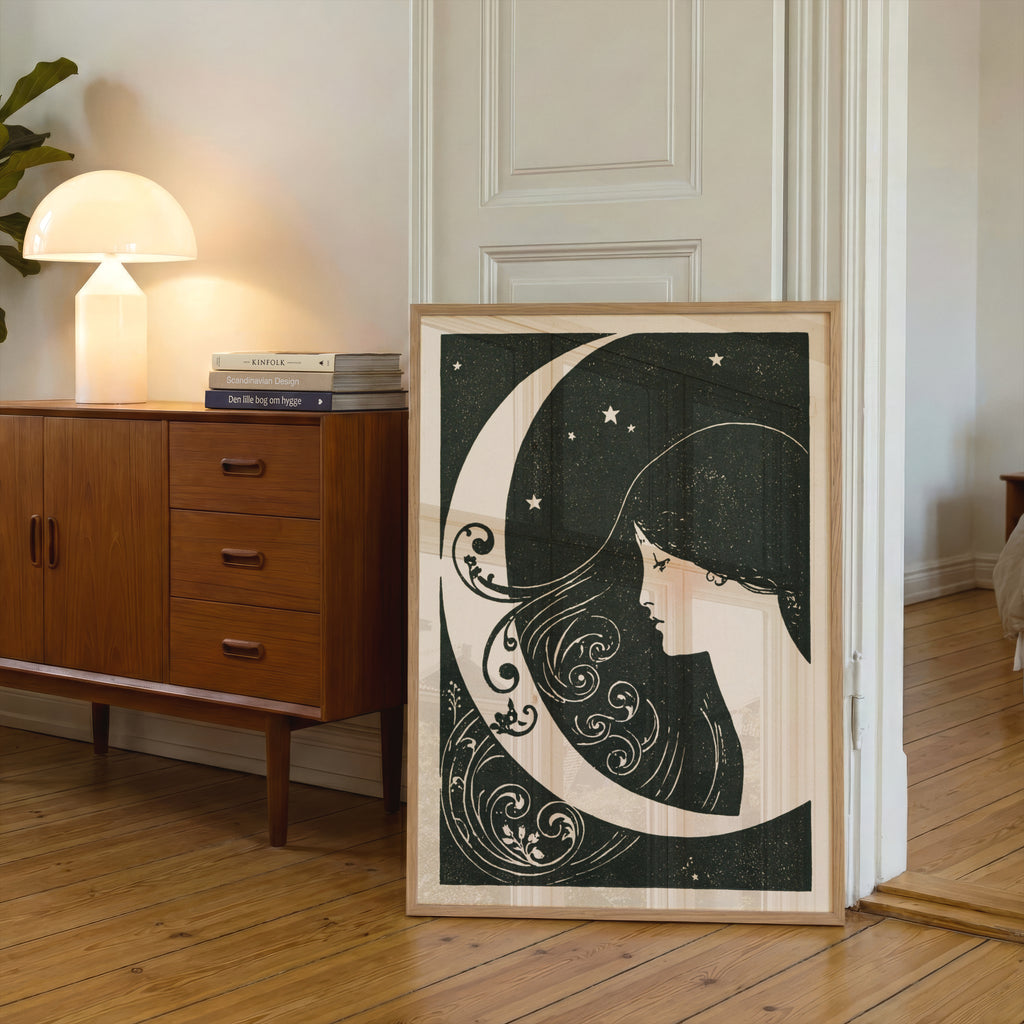 Art Nouveau Moon Print, Crescent Moon Woman Wall Art, Celestial Poster, Vintage Night Sky Stars