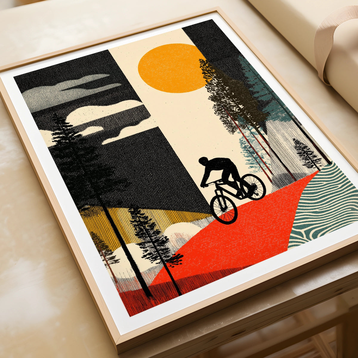 Retro Mountain Bike Poster, Cycling Art Print, Forest Trail, Vintage Sun Wall Art