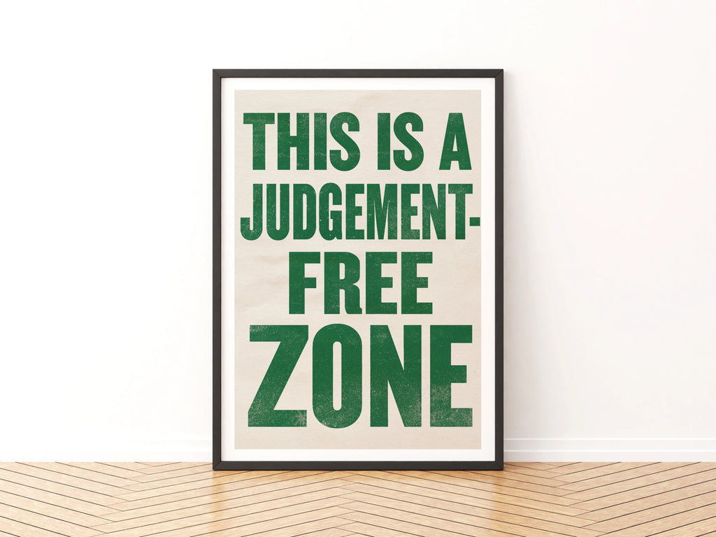 Judgement Free Zone Typography Print, Bold Green Quote Poster, Fun Office Wall Art