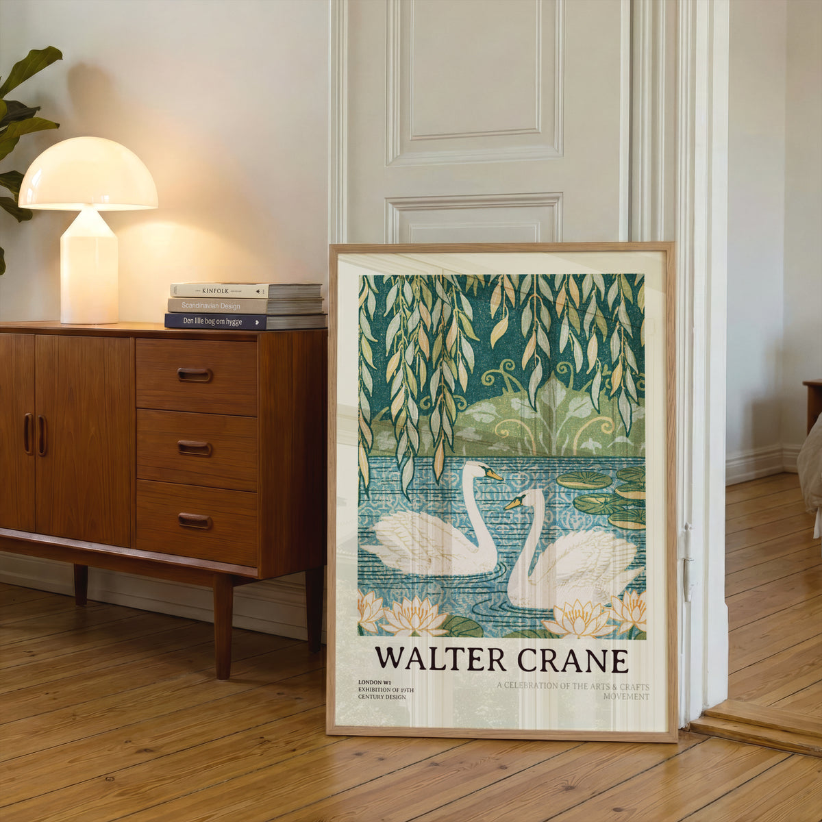 Walter Crane Swans Print, Arts and Crafts Wall Art, Willow Tree Lily Pond, Vintage Nature Poster