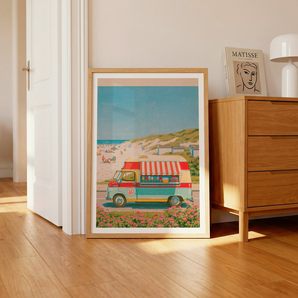Retro Ice Cream Van Beach Poster, Vintage Travel Summer Print, Coastal Wall Art