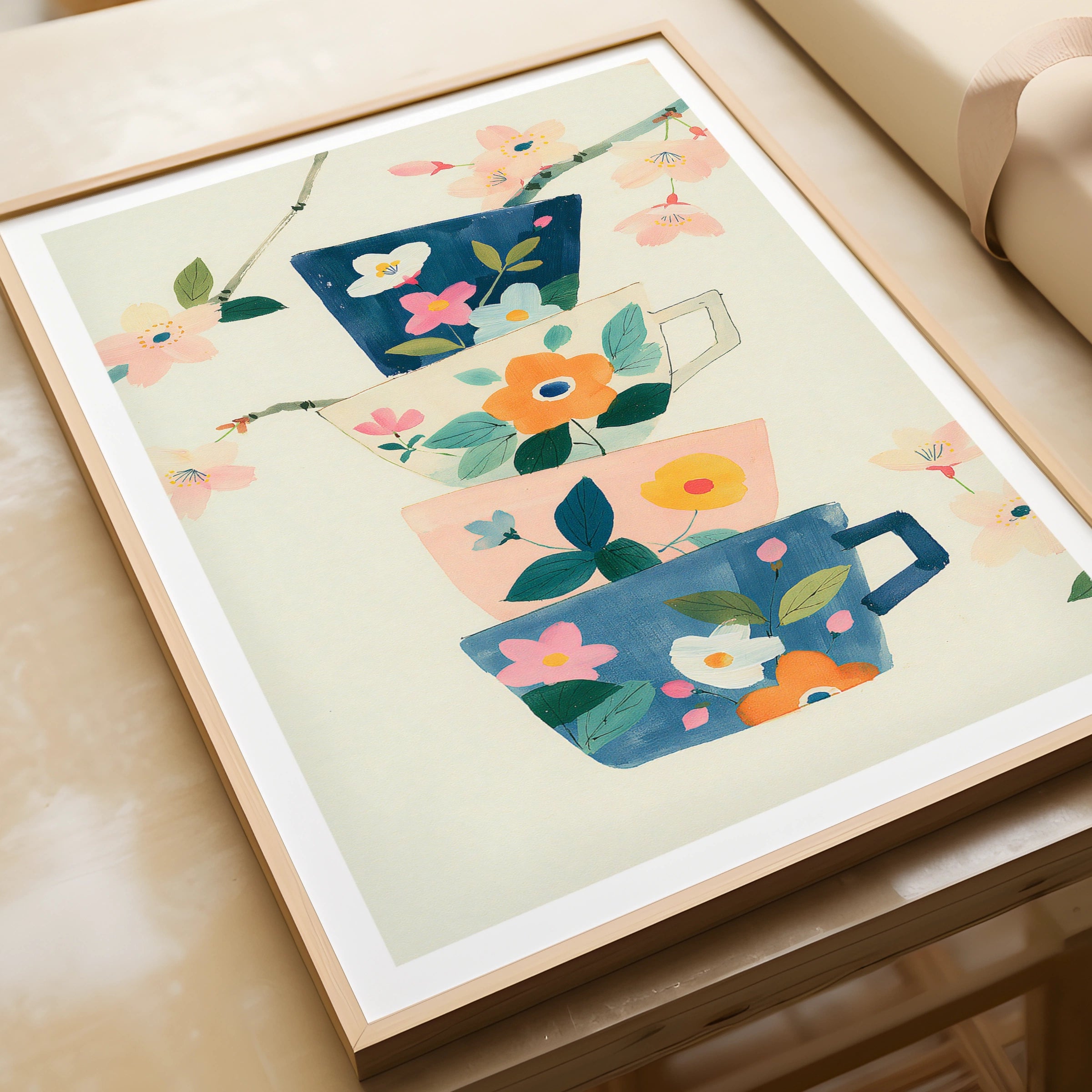 Vintage Food Poster Print, Stacked Floral Teacups, Rustic Kitchen Decor, Retro Mid Century
