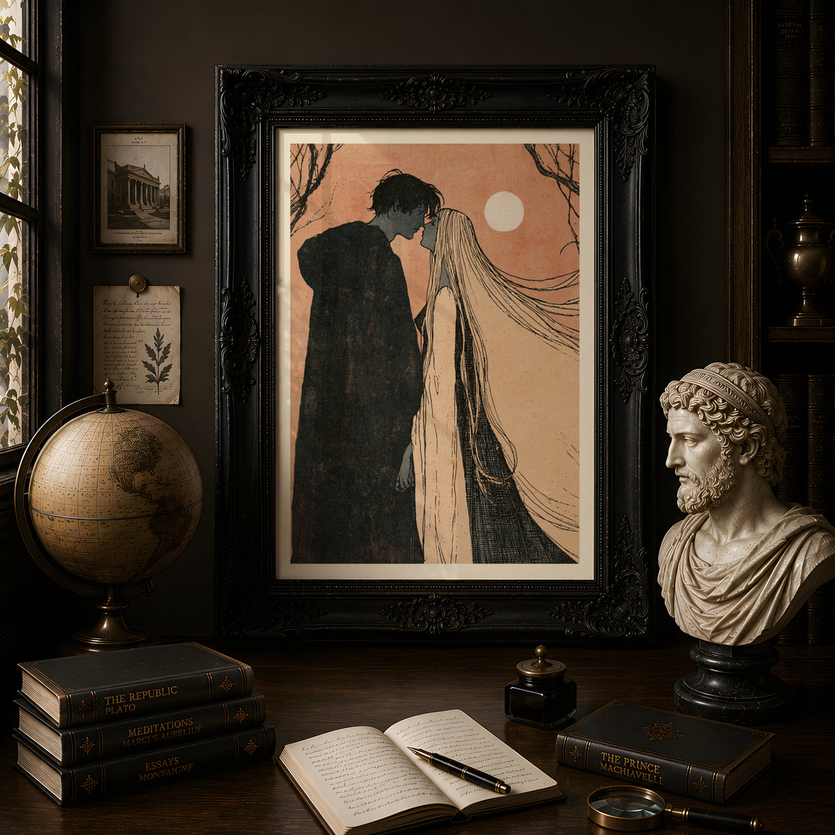 Gothic Romance Wall Art, Moonlit Lovers Poster, Dark Academia Print, Bare Trees, Moon Illustration