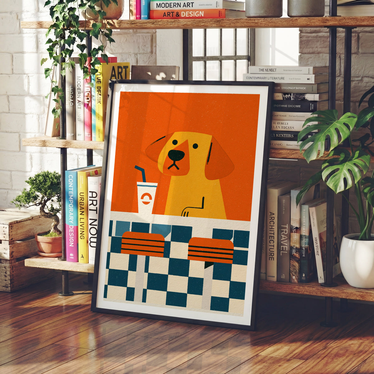 Retro Dog Diner Poster, Vintage Style Dog Wall Art, Funky Orange Animal Print for Kitchen