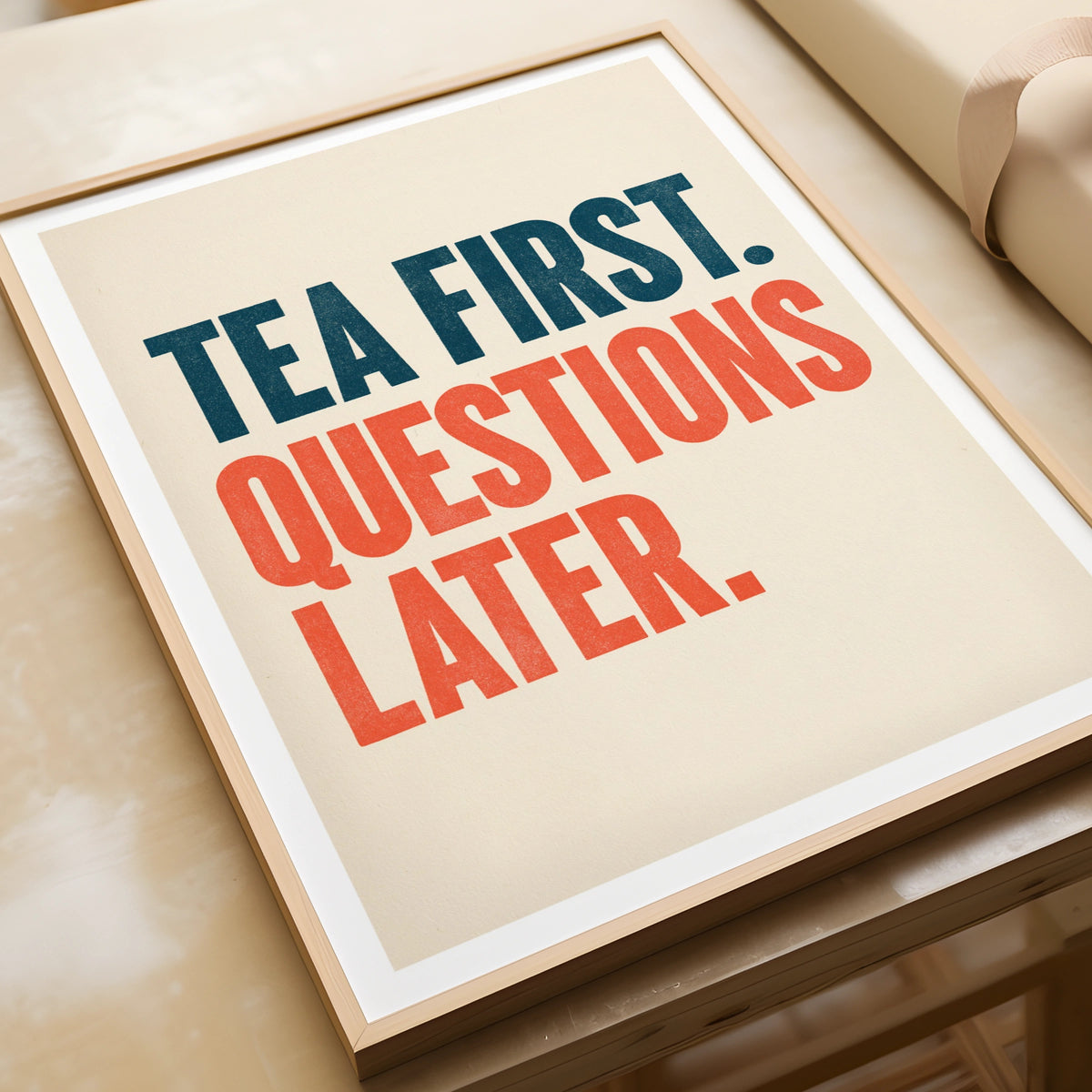 Tea First Questions Later Print, Vintage Food Poster Print, Rustic Kitchen Decor, Retro Mid Century
