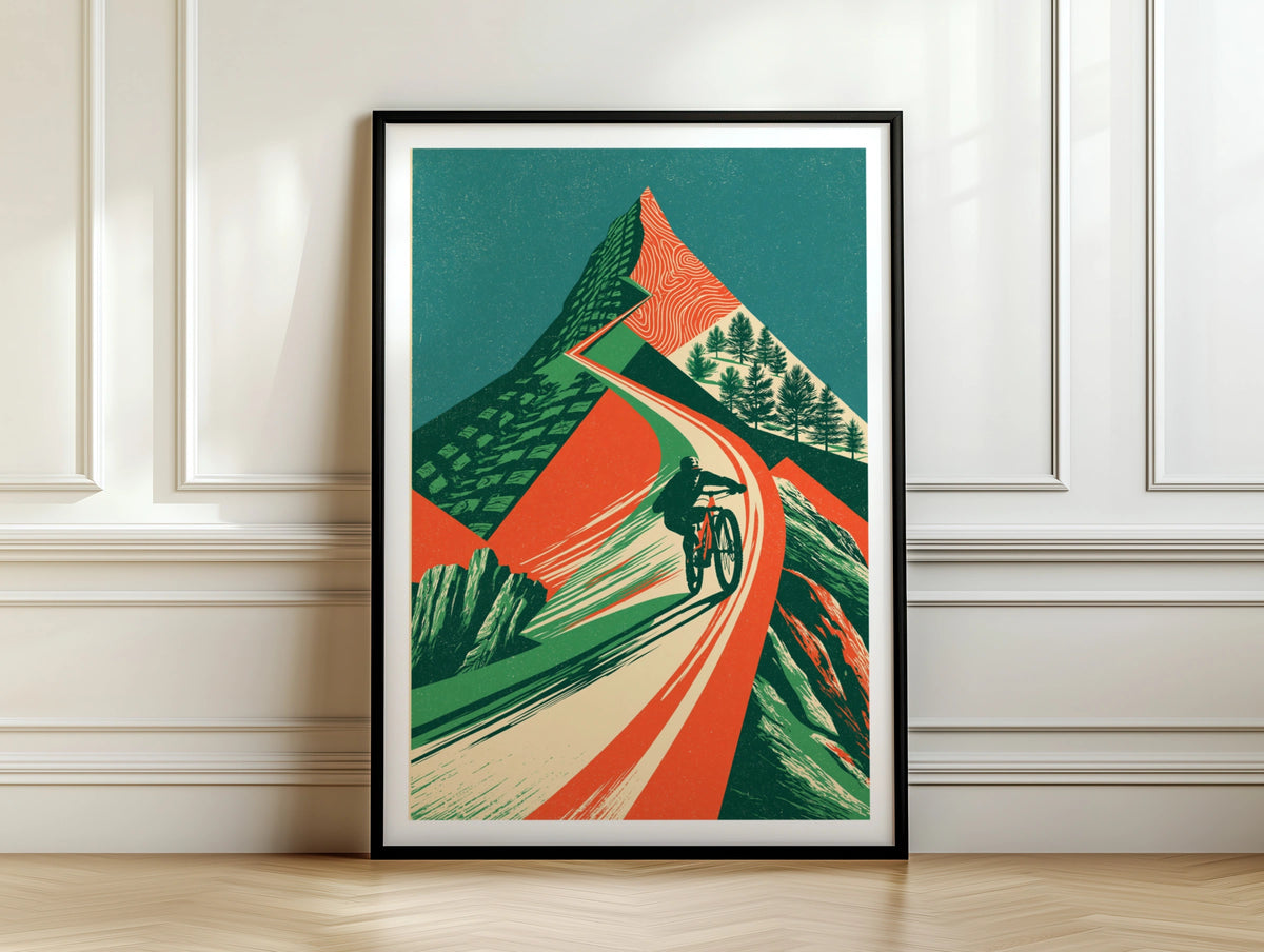 Mountain Bike Retro Poster, MTB Trail Art Print, Vintage Cycling Wall Art, Green Orange Decor