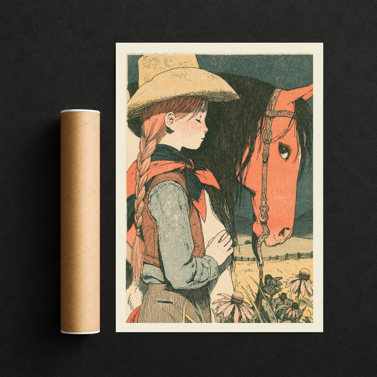 Cowgirl and Horse Vintage Print, Western Wall Art, Coneflower Meadow Poster, Ranch Nursery Decor