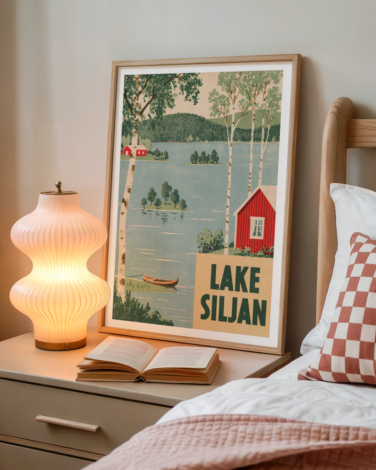Retro Lake Siljan Sweden Print, Vintage Travel Poster, Red Cabin Birch Trees, Scandinavian Wall Art