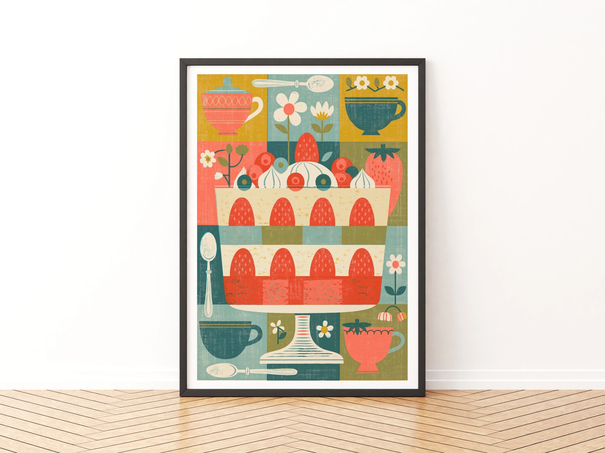 Vintage Trifle Print,  Rustic Kitchen Decor, Retro Mid Century Risograph Art
