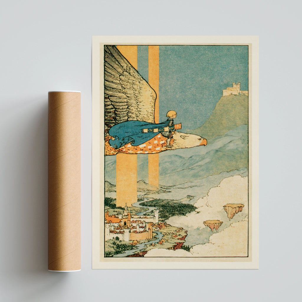 Boy Riding Giant Eagle Print, Retro Children's Fantasy Poster, Fairy Tale Kids Wall Art