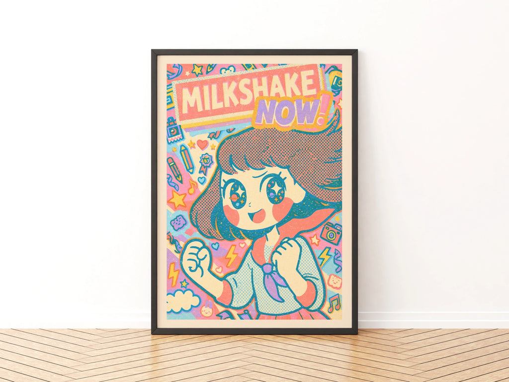 Milkshake Now Retro Kawaii Girl Poster, Cute Anime Print, Teen Bedroom Print