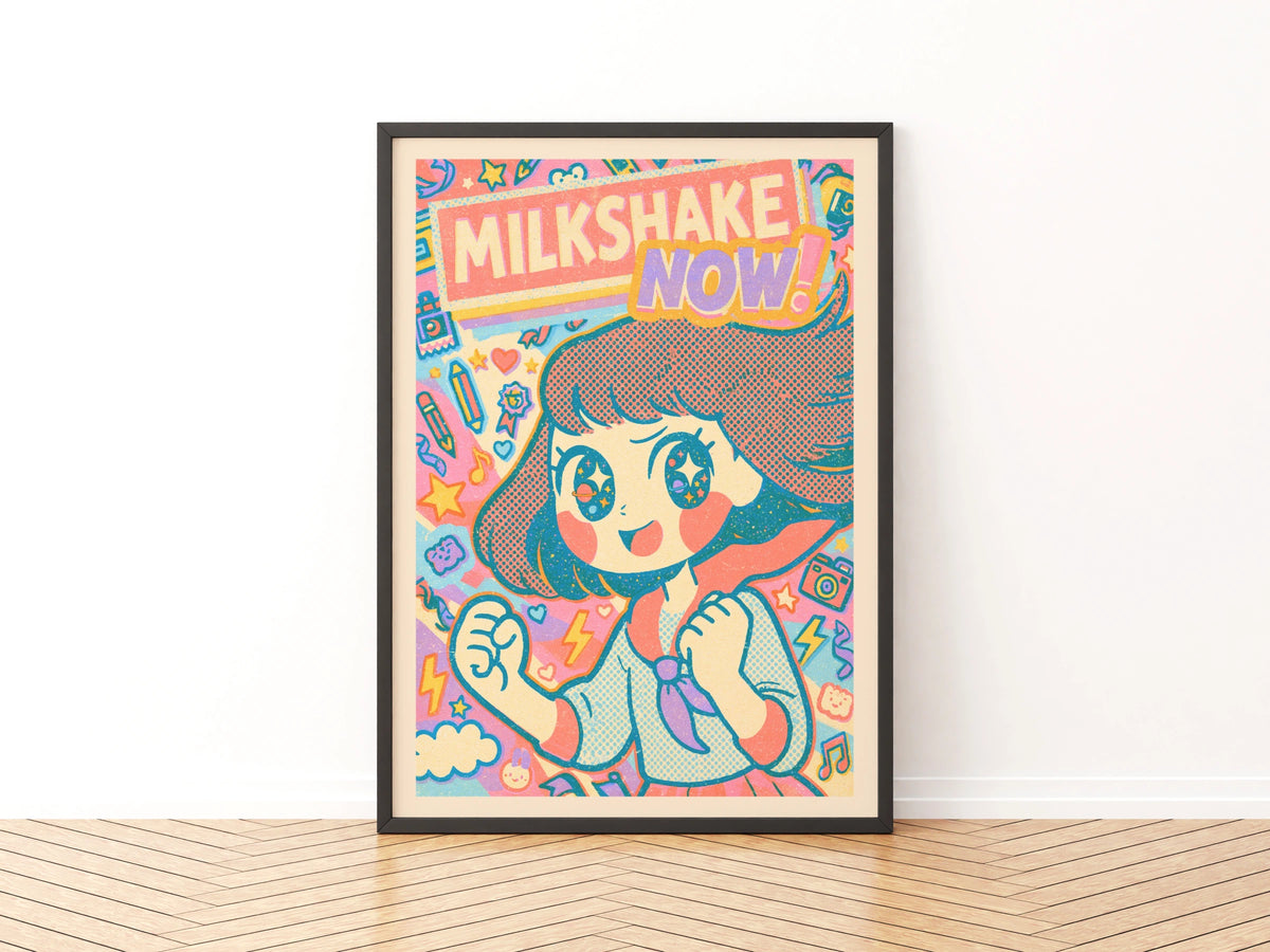 Milkshake Now Retro Kawaii Girl Poster, Cute Anime Print, Teen Bedroom Print