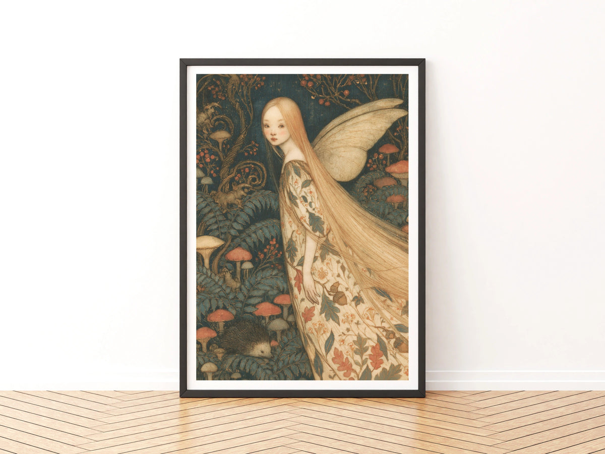 Hedgehog Fairy Art Print, Woodland Fairy Poster, Mushroom Forest Wall Art, Classic Folk Illustration