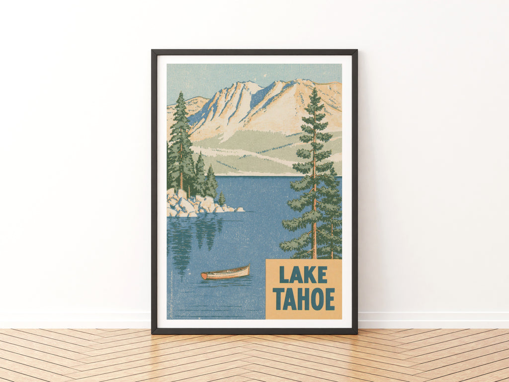 Lake Tahoe Retro Travel Poster, Vintage Travel Print, Sierra Nevada Mountain Lake, California