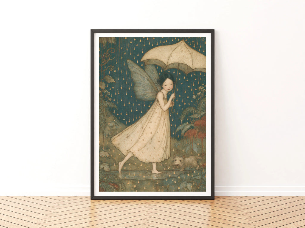 Splish Splash Rain Fairy Classic Art Print, Teal Gold Whimsical Fairy Poster, Folk Illustrated Wall Art
