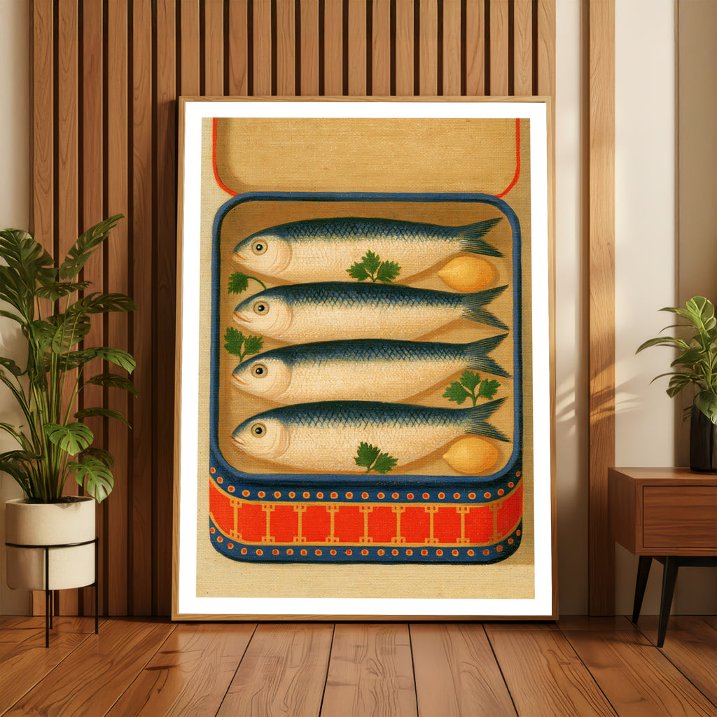 Vintage kitchen art / retro food art / tinned fish art / Mediterranean kitchen art / coastal kitchen art