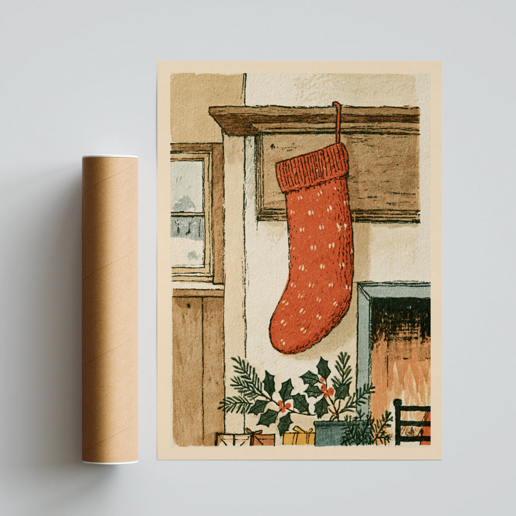 Christmas Stocking Fireplace Print, Classic Festive Wall Art, Vintage Holiday Poster, Cosy Home