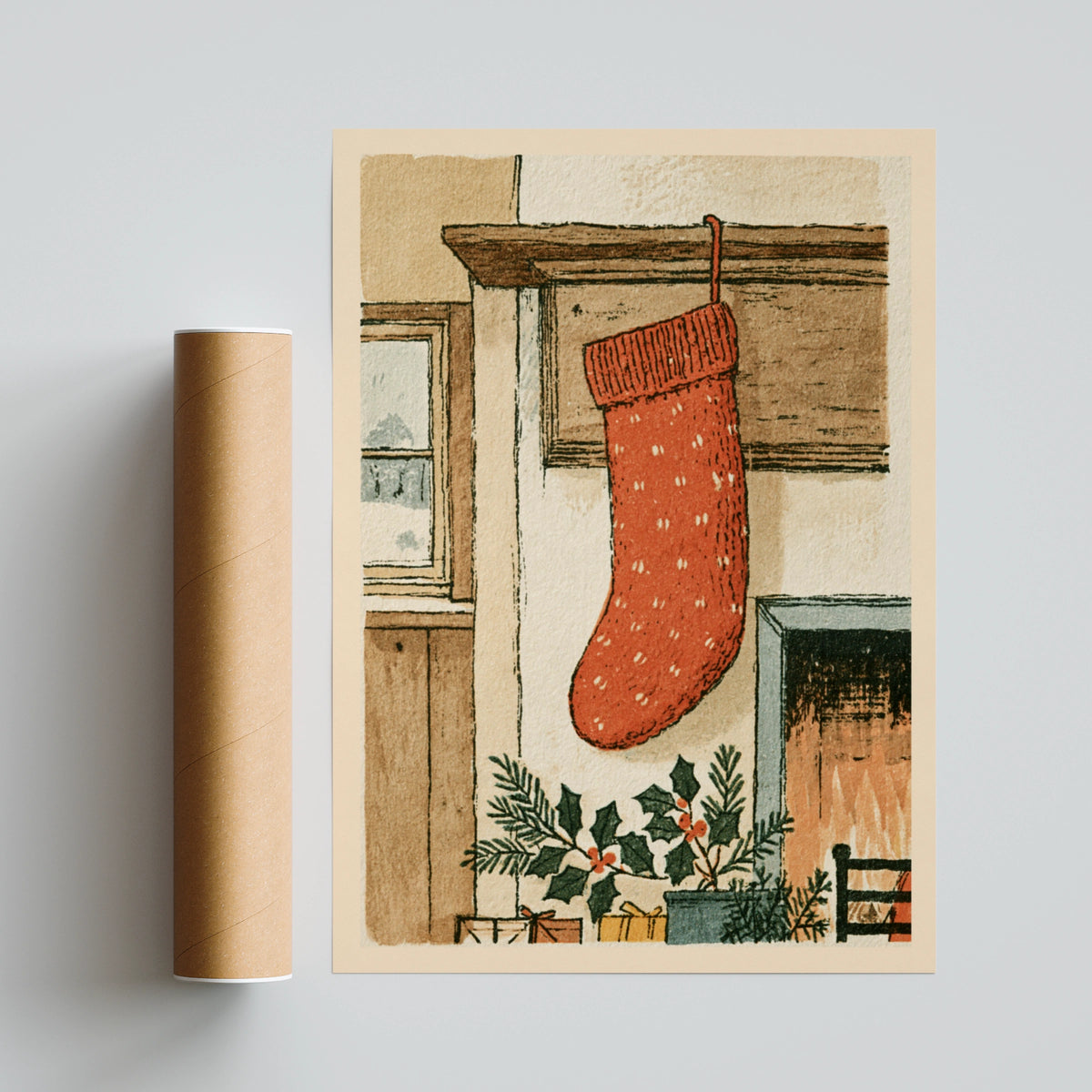 Christmas Stocking Fireplace Print, Classic Festive Wall Art, Vintage Holiday Poster, Cosy Home