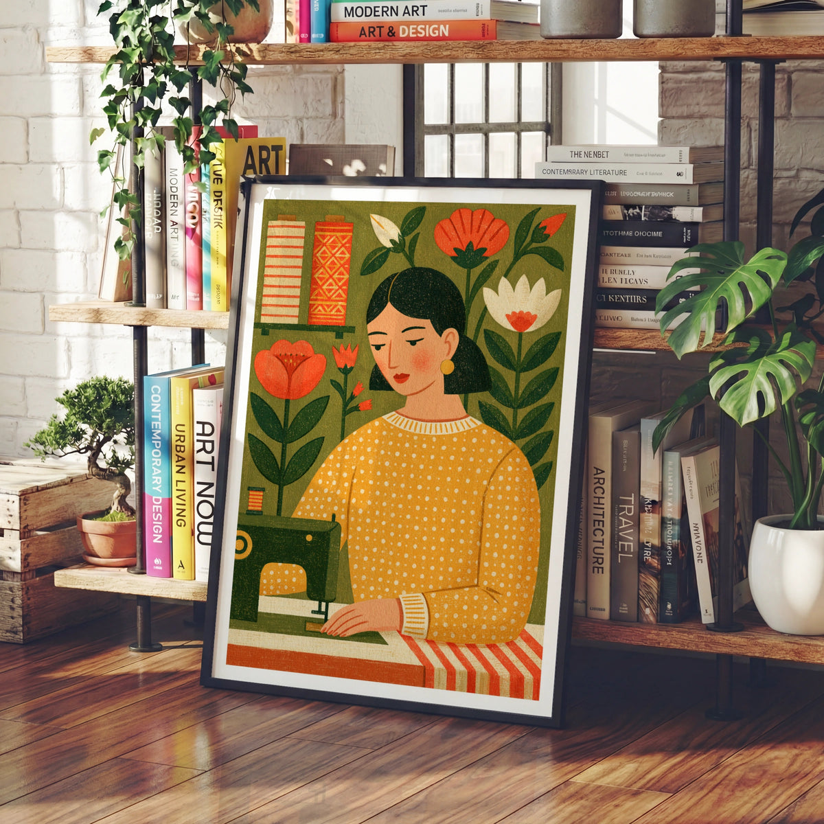 Retro Sewing Print, Craft Room Wall Art, Vintage Sewing Machine Poster, Floral Folk Art Gift