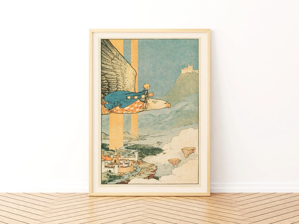 Boy Riding Giant Eagle Print, Retro Children's Fantasy Poster, Fairy Tale Kids Wall Art