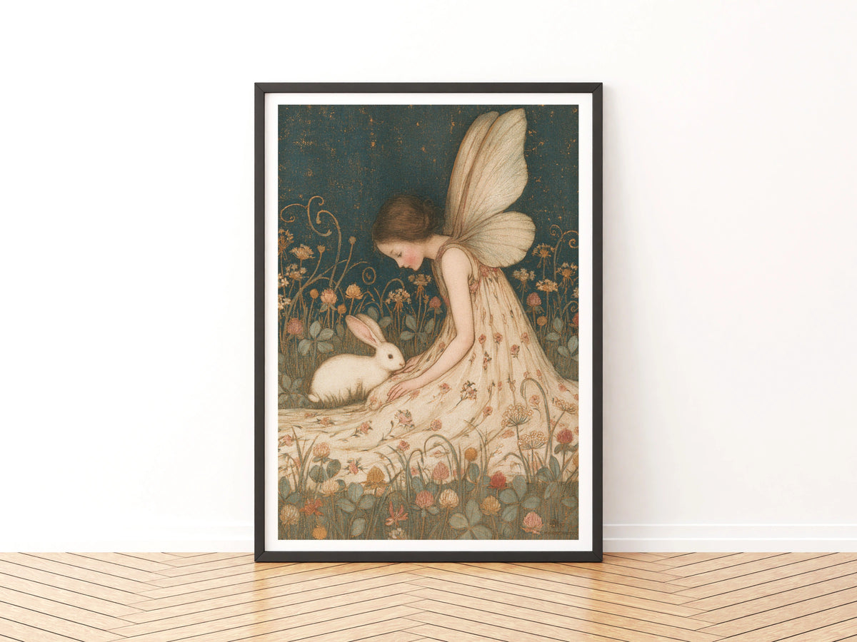 Fairy and Rabbit Print, Classic Folk Art Poster, Vintage Floral Fantasy Wall Art, Cottagecore