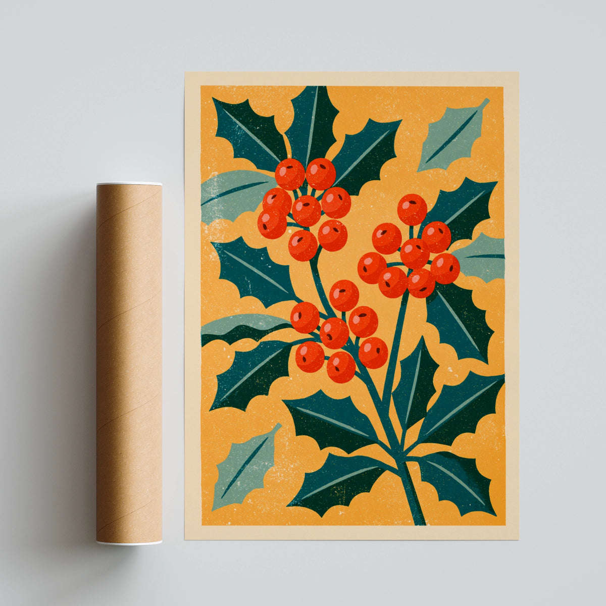Vintage Holly Berry Poster, Retro Christmas Botanical Print, Teal Orange Festive Wall Art