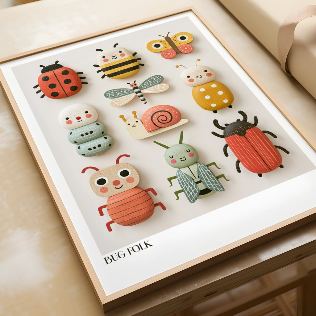 Bug Folk Kids Wall Art, Retro Wooden Toy Insect Print, Children's Collectable Poster