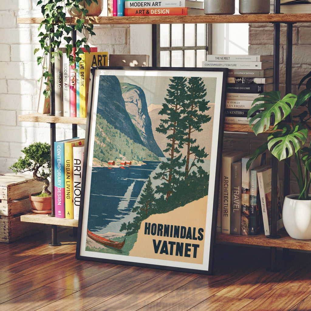 Retro Hornindalsvatnet Norway Poster, Vintage Travel Print, Norwegian Fjord Wall Art, Scandinavian