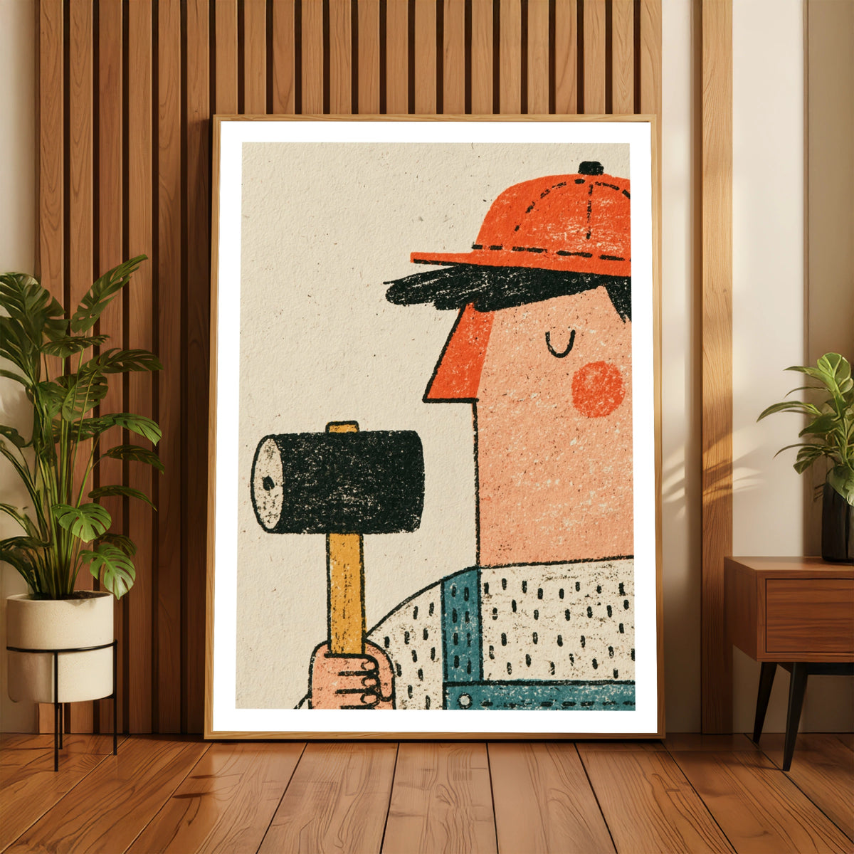 Retro Builder Poster, Vintage Worker Wall Art Print, Quirky Tradesman Illustration, Fun Workshop