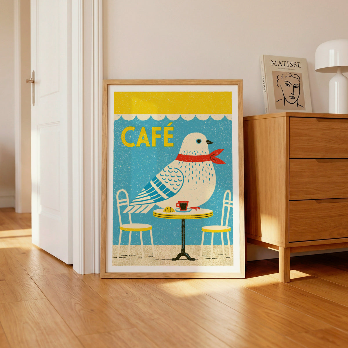 Retro Cafe Bird Art Print, French Pigeon Folk Wall Art, Blue Yellow Kitchen Decor, Vintage Bird