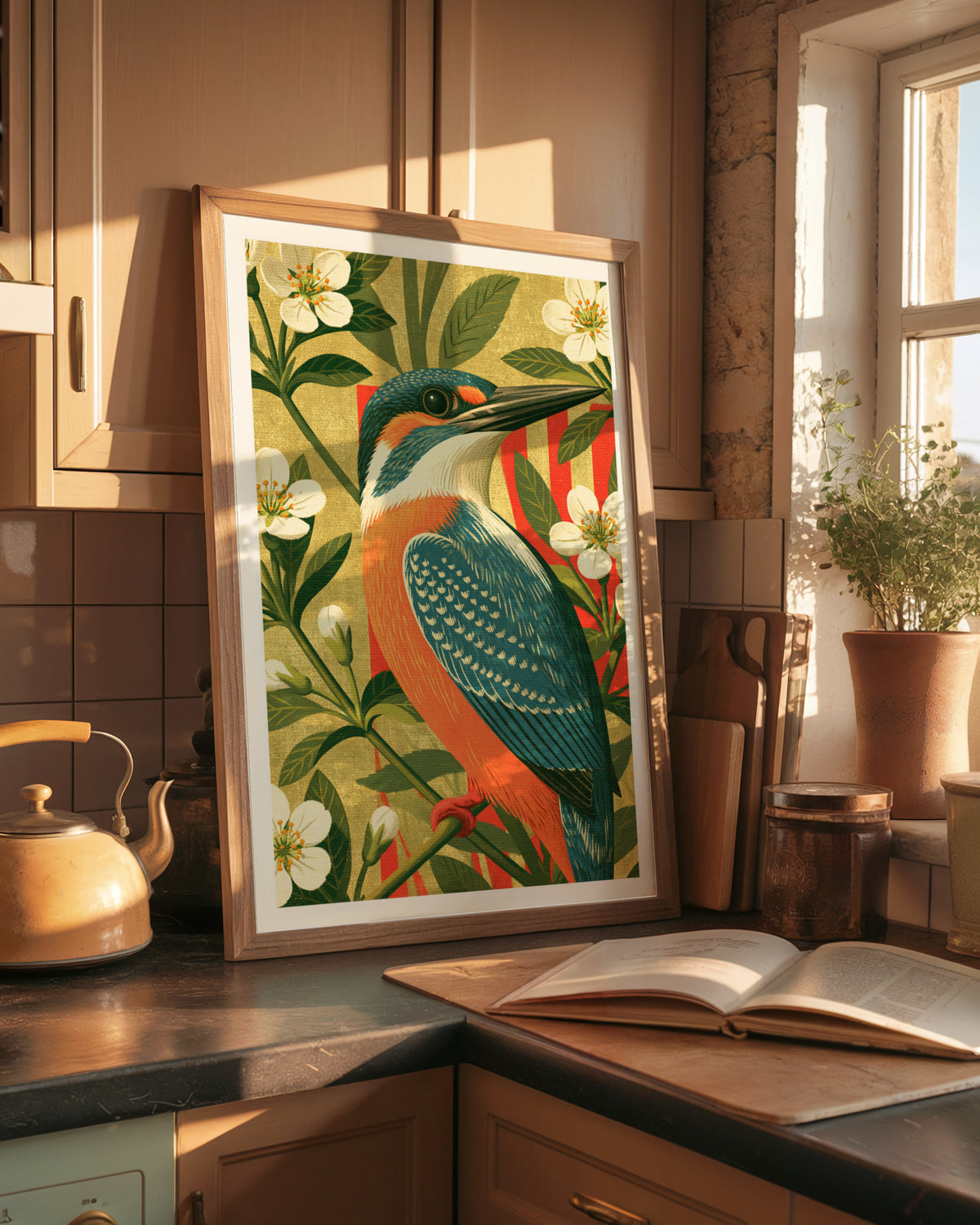 Kingfisher Bird Print, Retro Botanical Wall Art, Classic Inspired Blossom Poster, Vintage Style