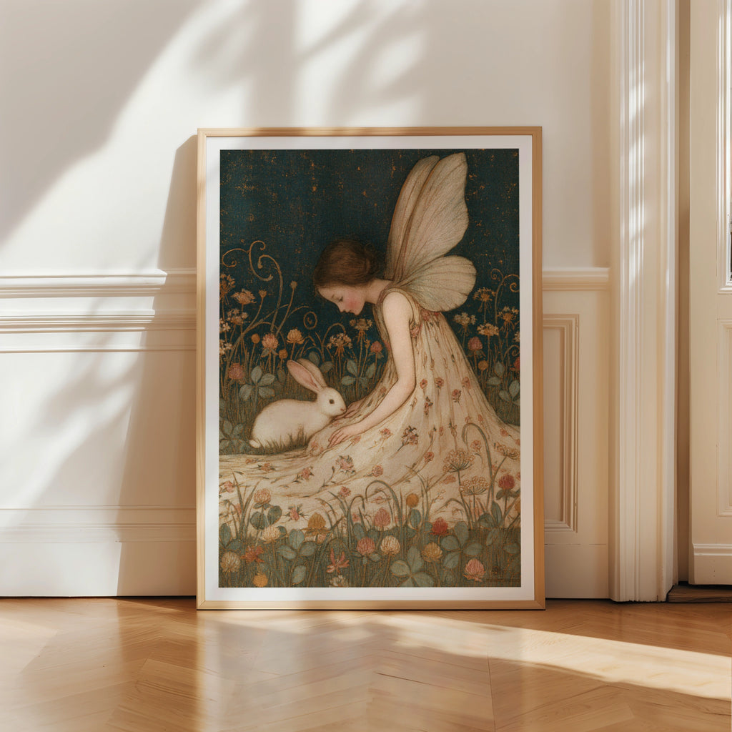Fairy and Rabbit Print, Classic Folk Art Poster, Vintage Floral Fantasy Wall Art, Cottagecore