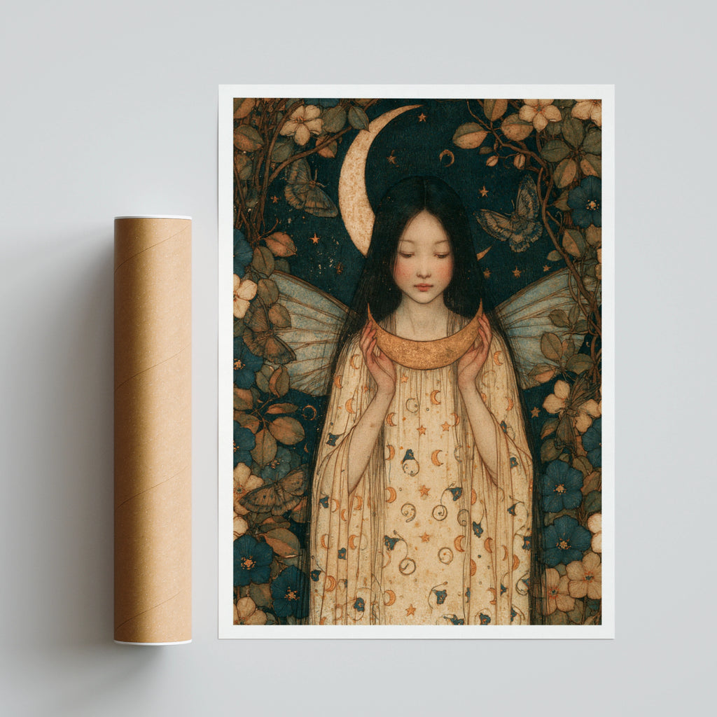 Moon Fairy Art Print, Celestial Fairy Girl Poster, Vintage Folk Wall Art, Floral Botanical